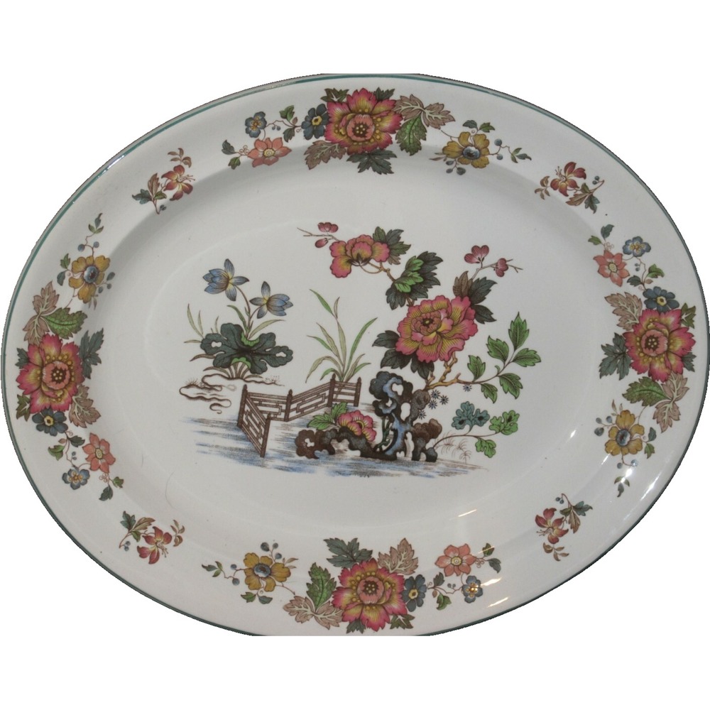 Wedgwood Eastern Flowers 14' Oval Serving Meat Platter Green trim